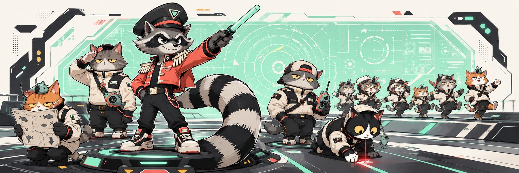The parade ground: Raccommander on a command platform with his cat squad in formation, one carrying a map, one chasing a red laser dot