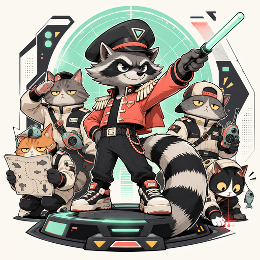 Raccommander: a raccoon general in a red officer's jacket raising a glowing command baton over a squad of cats